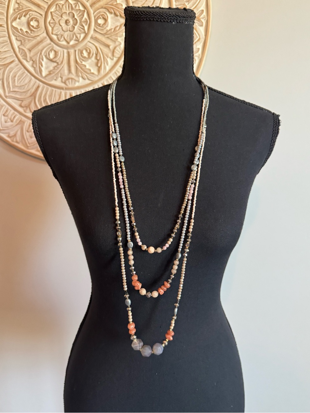 NWT Multi-Strand Coral and Neutral Beaded Necklace